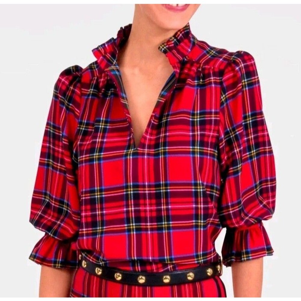Gretchen Scott Ruffle Neck Top in Duke of York Plaid Red Multi - L